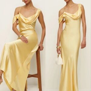 reformation ronda asymmetrical cowl-neck silk maxi dress Reformation Ronda Praline Silk Charmeuse Maxi Dress – The Closet New York
